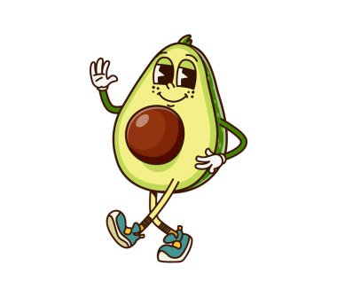 Avokado meyvesi yarı havalı komik karakter. Beslenme planı yeşil tropikal meyve mutlu 60 'lar çizgi film karakteri, vegan yemekleri komik retro maskot. Taze avokadoyla yürüyen neşeli bir insan.