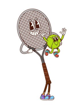 Tenis topu ve raket spor kulübü harika neşeli karakter. Tenis kulübü şirin, havalı, izole edilmiş vektör karakterler, oyun şampiyonluğu mutlu eğlenceli kişilikler. Spor turnuvası neşeli 60 'lar 70' ler maskotları