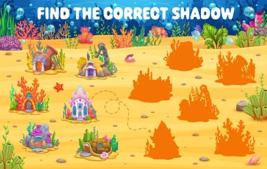 Su altı peri masalı evlerinin doğru gölgesini bulmak için çocuk oyun kağıtları, vektör testi bulmacası. Aynı sualtı evi ya da deniz kabuklarındaki deniz altı evlerinin gölgelerini bul ve eşleştir.