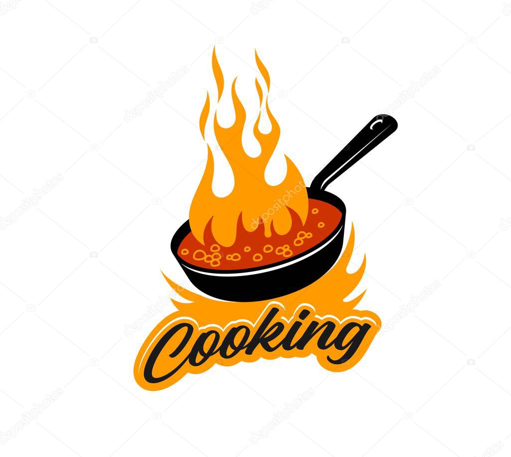 Cook pan icon with frying pan, bubbling food and intense flames rising from it. Vector emblem symbolizes fiery passion for cooking, sizzling flavors and culinary experiences for restaurants and chefs