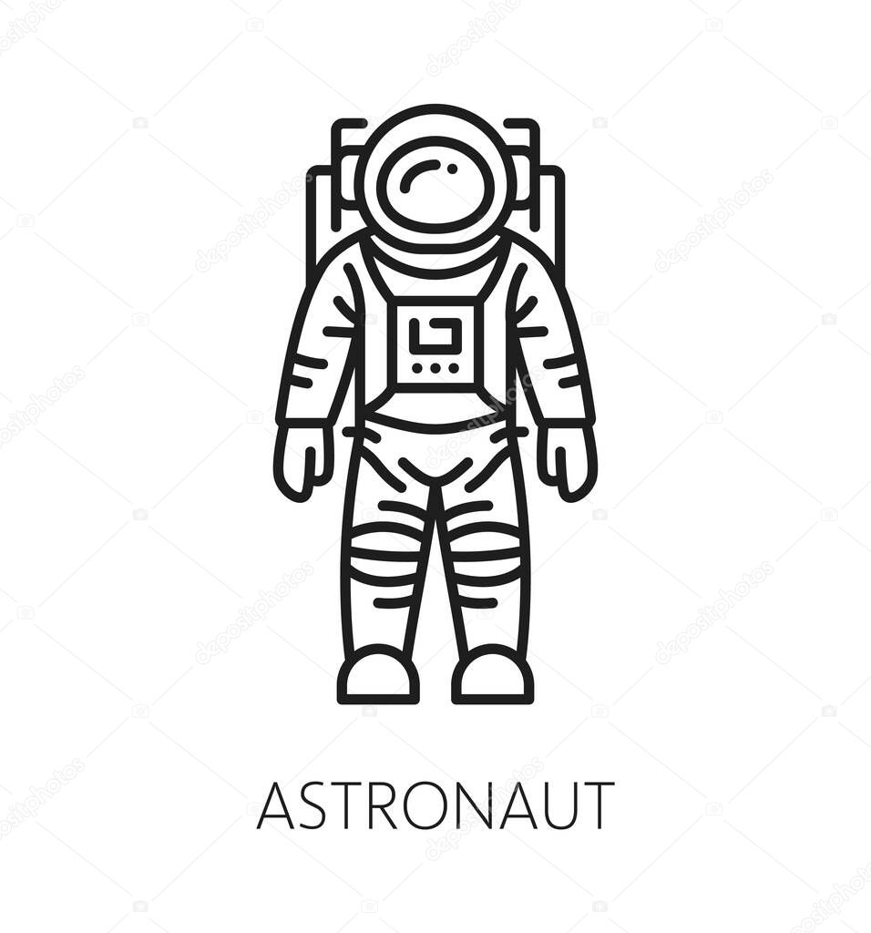 Space astronaut spacesuit and galaxy thin line icon. Space research or discovery lineart vector sign, cosmos flight linear pictogram. Astronomy exploration outline icon or cosmonaut spaceman symbol
