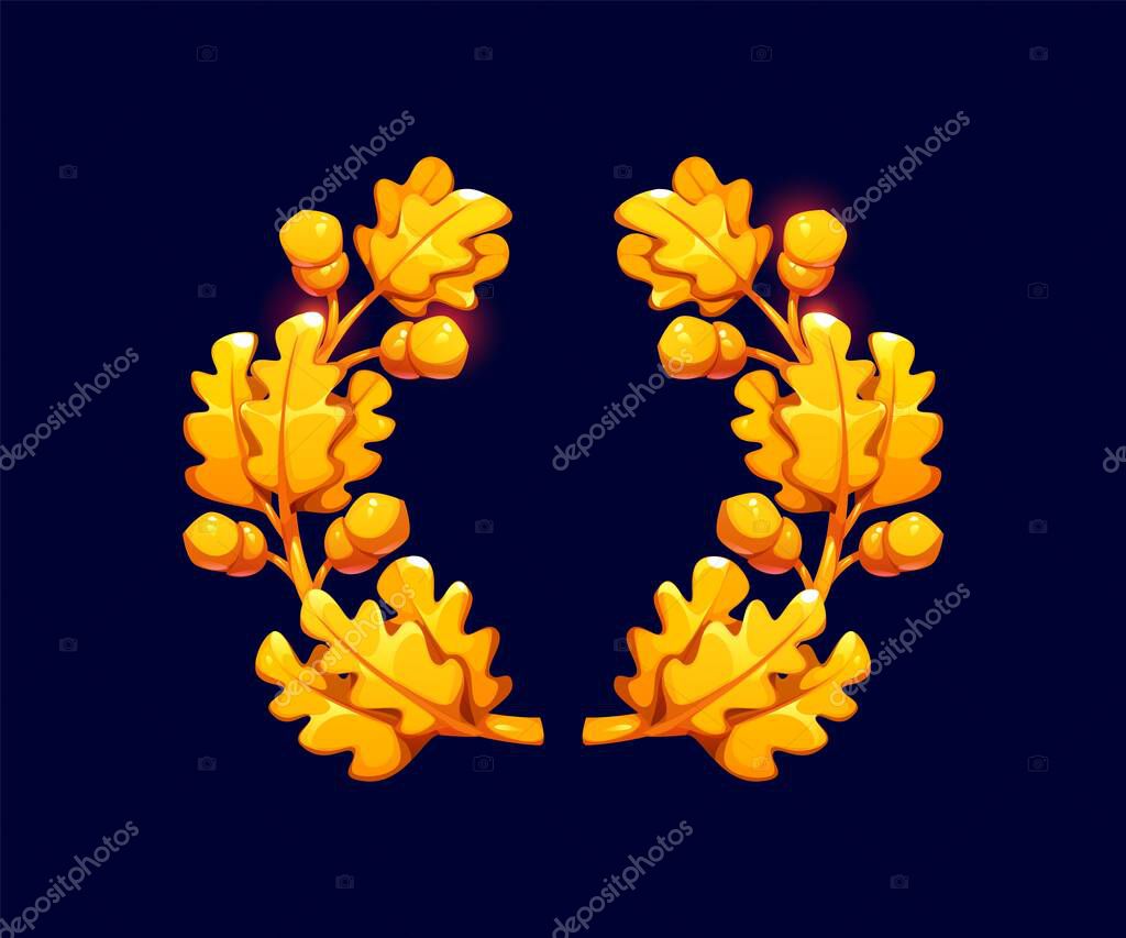 Cartoon oak wreath with golden branches, leaves and acorns. Vector game asset badge for winner award, honor prize or trophy. Champion medal and certificate heraldic golden frame with oak wreath