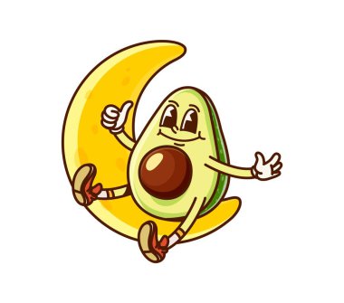 Avokado peynirli ay harikadır. Organik çiftlik ürünü, şirin, modaya uygun vektör karakteri, olgun tropik meyve, mutlu hippi çizgi film karakteri. Avokado neşeli maskot hilal sürüyor