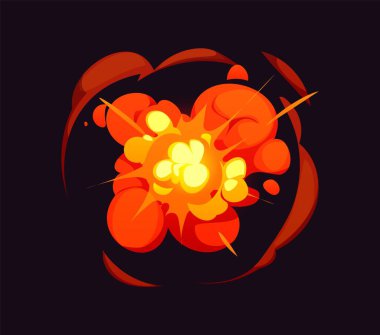 Çizgi film bomba patlama efekti, çizgi roman yangını ve duman bulutu. Vektör patlaması, güçlü enerji patlaması, parlak turuncu ve sarı alevlerle alev topu patlaması yoğun bir fantezi hareketi yaratır.