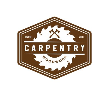 Marangozluk ve marangozluk amblemi, marangoz atölyesi için testere bıçağı ve baltalar, vektör ikonu. Marangozluk hizmeti ve marangozluk veya ahşap işçiliği dairesel testere bıçağı üretim ve imalatı