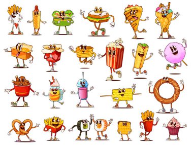 Fast food harika yemek karakterleri. Çizgi filmdeki sevimli yumurta sandviçi, sosisli sandviç, patates kızartması ve burrito vektör kişilikleri. Psikedelik tavuk bacağı, suşi, waffle, patlamış mısır ve erişte.