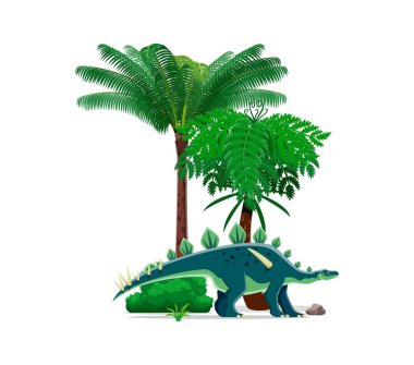 Lexovisaurus tarih öncesi dinozor karakteri. Sırtında bir sıra plaka ve çivili kuyruğu olan izole edilmiş karikatür vektör dino, yemyeşil tropikal bitki örtüsünün yanında duruyor. Orta Jurasik dönemin otobur 'u