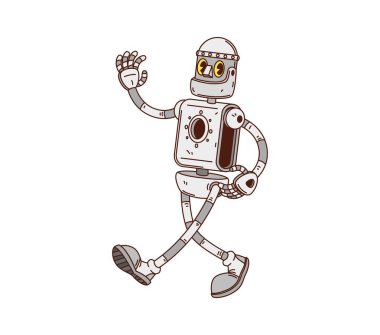 Çizgi film süper robotu ve droid karakteri, kutulu metal gövdeli çekici antika cyborg, yürüyen, klasik bilim kurgu estetiği ve y2k nostaljik robotik titreşimleri somutlaştıran mekanik uzuv sallıyor.