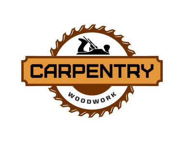 Marangozluk ve ahşap amblem testere bıçağı, vektör ikonu. Marangozluk servisi ve marangozluk atölyesi, marangozluk, ahşap işçiliği veya DIY İnşaat ve tamirat servisi