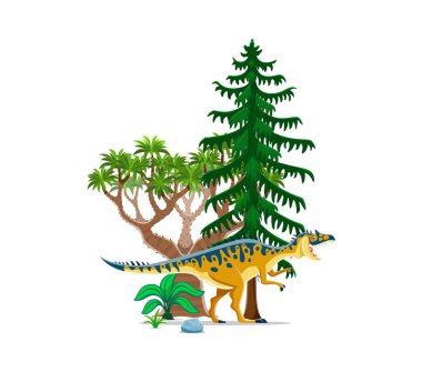 Yeşillik tropikal orman ormanlarındaki ağaçlar, kayalar ve eğreltiotlarıyla doğal yaşam alanındaki tarih öncesi dinozor karakteri. İzole edilmiş karikatür vektörü eski Cretaceous döneminin etobur sürüngen hayvanı.