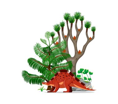 Wuerhosaurus tarih öncesi dinozor karakteri. Erken Kretase dönemi tarih öncesi doğa manzarasında tropik bitkilerin yanında duran Stegosaurian otobur dino kertenkelesinin izole edilmiş vektör cinsi.