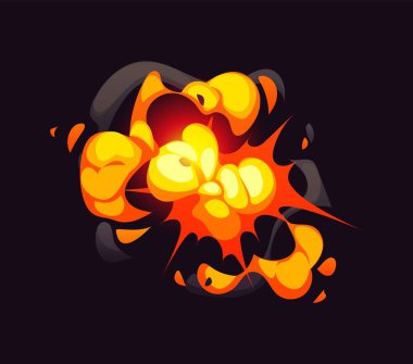 Çizgi film ateş bombası patlaması, patlama etkisi ve duman bulutu. Vektör patlaması, parlak bir merkezle ve dışarıya doğru genişleyen koyu dumanlı filizlerle atomik darbe ve patlamayı temsil eder.