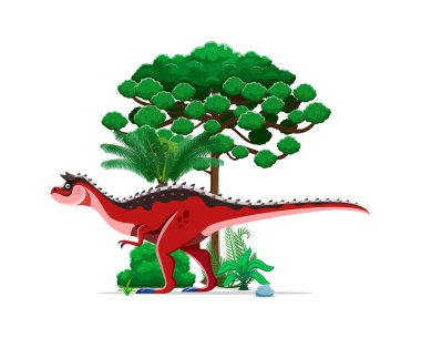 Carnotaurus tarih öncesi dinozor karakteri. İzole edilmiş çizgi film vektörü etobur antik sürüngen dinozor yırtıcısı gür, canlı tropikal bir arazide kayalar, palmiye ağaçları, yeşil çalı ve eğreltiotu ile