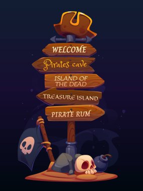 Korsan partisi tabelası ya da korsair tricorn şapkalı ahşap tabela, vektör çizgi film tabelası. Korsan parti tabelasının üzerinde hazine adasına giden oklar ya da kaptan kafataslı korsan romu barı var.