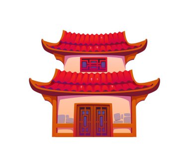 Asya binası, karikatür Çin evi ya da Çin mahallesi vektör mimarisi. Asya antik tapınağı veya doğu çatılı pagoda türbesi, Çin, Kore veya Japon mimarisi, kule bina