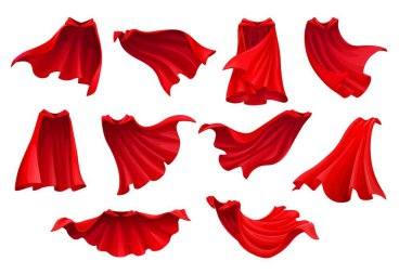 Kırmızı kahraman ceketi ya da süper kahraman pelerini ve sihirli karnaval pelerini. Çizgi film vektörü süper kahraman kırmızı manto ya da pelerin uçuyor ya da kırmızı pelerinli sihirli manto kostümü için rüzgarda süzülüyor.