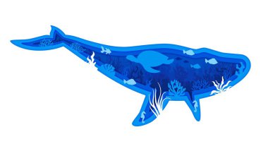 Kağıt mavi balina siluetini sualtı manzarası ve balıklarla kesmiş, vektör bayrak. Okyanus altı ya da deniz dünyası su altı hayvanları, kaplumbağa ve mercan resifleri ile kağıt üzerinde deniz yosunları ile balina kesimi