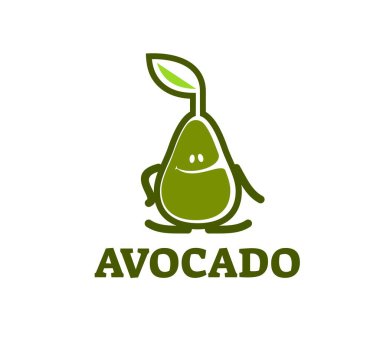 Vegan ürünü olgun avokado şirketi ikonu. Soyut yeşil avokado karakter vektör amblemi, sağlıklı diyet tropikal meyve işareti. Vejetaryen gıda mağazası avokado sembolü veya doğal bitki ürünleri mağaza simgesi