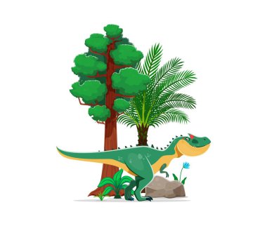 Allosaurus tarih öncesi dinozor çizgi film karakteri. Geç Jurasik dönemden izole edilmiş theropod dino vektörü. Antik etobur sürüngen hayvan doğal ortamda kaya, yeşil ağaçlar ve bitkilerle