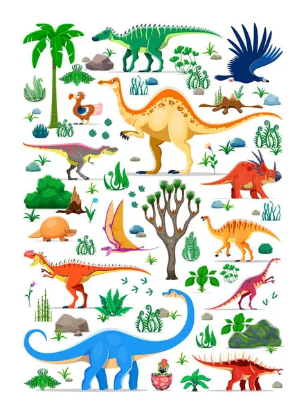 Tarih öncesi dinozor hayvanları, sürüngenler ve yumurta karakterli bebek dinolar. Vector jurassic camptosaurus, Argentavis, raphus ve dimorphodon, styracosaurus, kentrosaurus ve tarbosaurus dinozorları