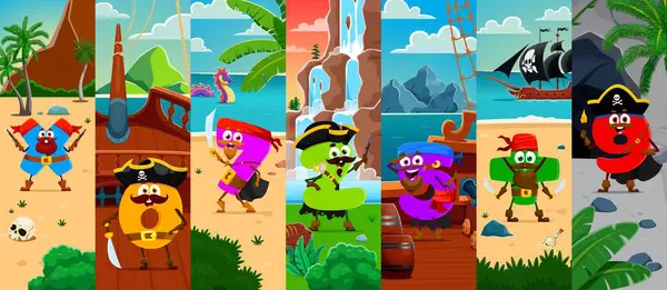 Karikatür matematik numarası korsan ve korsan karakter kolajı. Komik matematik sembolü korsan kaptan, denizci ve kaptanlar hazine adasında ve siyah bayraklı Corsair yelkenli gemisinde