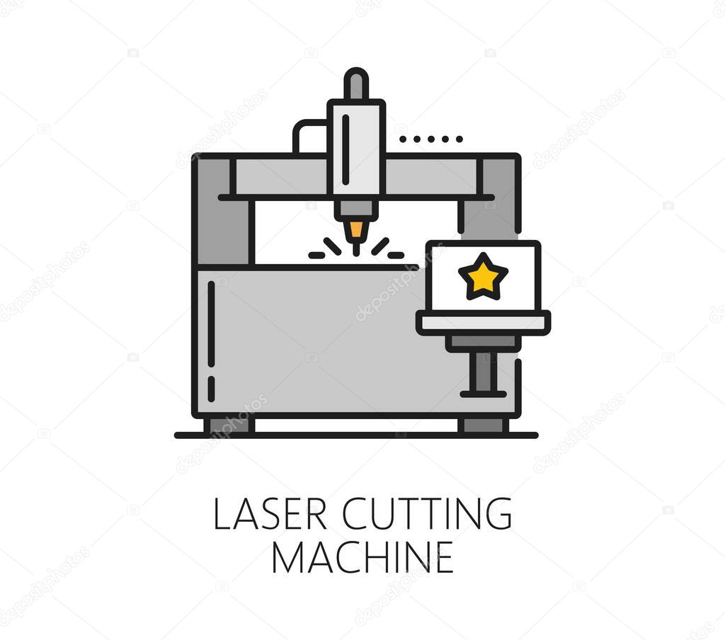 Laser cutting line icon of laser cutting machine for cut processing works, vector symbol. Laser cutting machine line icon of metalwork industry, metal etching or engraving and CNC technology pictogram