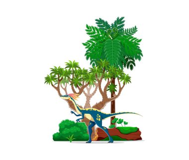 Compsognathus ormandaki tarih öncesi dinozor karakteri. Karikatür vektörü etobur dinozor Jurasik dönemin sonlarına doğru parlak renkler içerir ve bereketli ağaçlar ve bitkilerle çevrilidir.