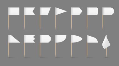 Kürdan bayrakları, tahta uçlu sopaların üzerinde geometrik şekillerin beyaz pankartları. Gerçekçi 3d vektörü oval, üçgen, dikdörtgen, çift ve üç kenarlı flama yemek atıştırmalıkları veya kokteyller için.