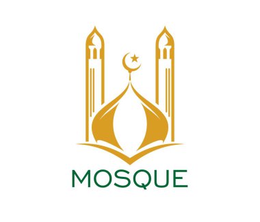 Ramazan Müslüman camisi simgesi. İki minareden oluşan vektör altın ve beyaz amblem, Hilal ay ve yıldızı olan merkezi bir kubbe, İslami mimari, din, kültür ve ruhaniliği simgeliyor.