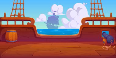 Korsan gemisi ahşap oyun arkaplanı top, fıçı ve iple. Çizgi film vektör korsan gemisi ortamı deniz manzaralı, ufukta yelkenli gemi silueti ve mavi gökyüzünde dramatik bulutlar