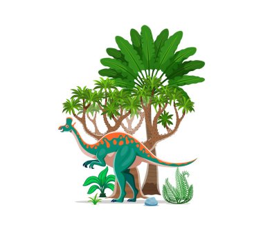 Lambeosaurus tarih öncesi dinozor karakteri. Çizgi film vektörü renkli otobur ördek gagalı dinozor, bereketli, canlı tropikal bir manzarada canlı bir sürüngen palmiye ağacı, yeşil çalı, kaya ve eğreltiotu bitkileri