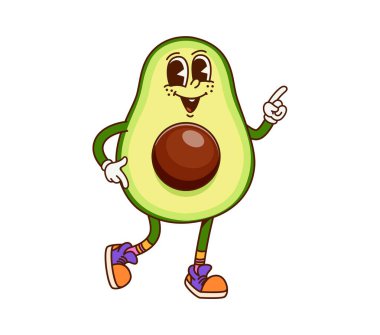Avokado yarısı tohum serpintisi gibi neşeli karakterli. Beslenme planı taze bitki mutlu harika vektör kişiliği, yeşil avokado komik 60 'ların 70' lerin klasik karakteri. Olgun tropikal meyveli neşeli karakter