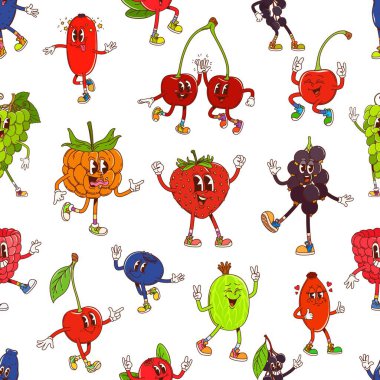 Komik meyvelerin kusursuz dizilimi, vektör arkaplan. Neşeli gülüşlü, acayip ahududu ya da çılgın üzümlü ve saykodelik kirazlı harika bir çizgi film deseni.