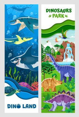 Dino Park gazetesi komik dinozor karakterli pankartlar yaptı. Tarih öncesi dinozor hayvanları, sualtı sürüngenleri ve antik deniz ve orman ormanlarında nesli tükenmiş kuşlarla dolu dinozor kara taşıyıcı pilotları.