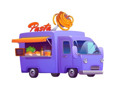 Çizgi film makarna kamyonu, klasik festival sokak yemekleri kamyonu. İtalyan mutfak minibüsü, üzerinde spagetti olan dev bir çatalla yeni yapılmış makarna servis ediyor. Vektör retro mobil, otantik yedirme