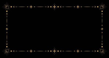 Esrarengiz göksel çerçeve. Altın yıldızlar, güneşler, aylar ve çizgilerle süslenmiş vektör büyüsü dekoratif boş sınır. Mistik boho tarzı büyülü, astrolojik arkaplan ve altın uzay sembolleri.