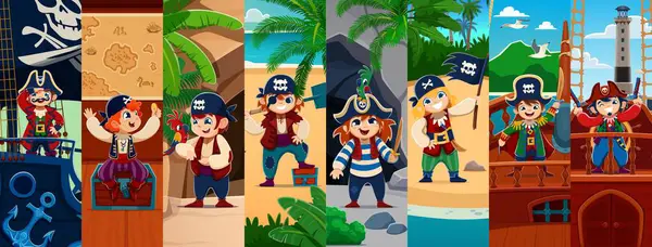 Korsan çocuk ve korsan karakter kolajı. Komik çocuklar, korsanlar hazine adasında vektör karakterler ve korsan gemisi Kaptan şapkaları, kılıçları ve silahları, denizci bandanaları, göz bandanaları, bayrakları