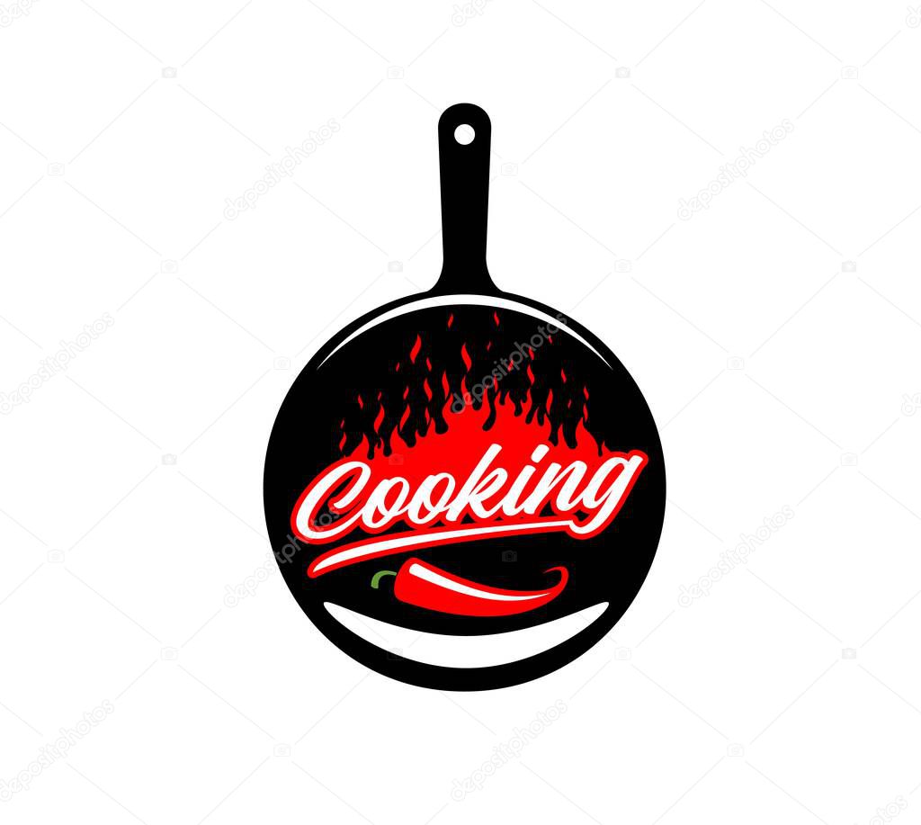 Cook pan icon for kitchen chef food or restaurant and gourmet cuisine, vector symbol. Cooking school icon of pan for gastro bar or BBQ grill menu with chili pepper and fire flames on skillet pan