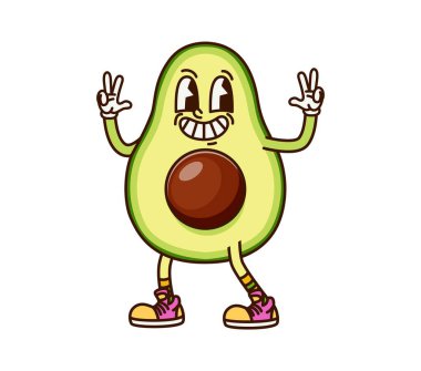 Avokado yarı havalı komik karakter. Sağlıklı beslenme, komik, modası geçmiş vektör karakteri, yeni avokado hippi çizgi film maskotu zafer işareti gösteriyor. Taze tropikal meyveli neşeli kişi.