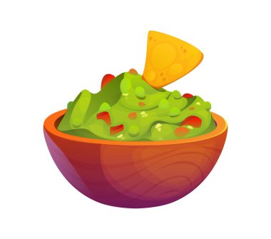 Tortilla cipsi ve sebze parçalarıyla karikatür kasesi. Meksika ulusal mutfak sosu, yeşil avokado püresi ve geleneksel atıştırmalık. Şenlik ya da ulusal bayram için eğlenceli yiyecek sembolü