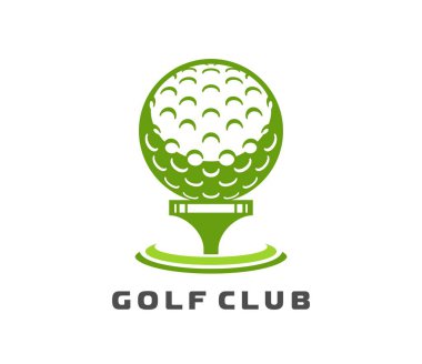 Golf sopası ikonu, yeşil top, çim halkası ve aşağıdaki kalın metin. Turnuva markası ya da kulüp kimliği için modern spor rozeti. Golf takımı veya yarışma markası için vektör amblemi veya etiketi