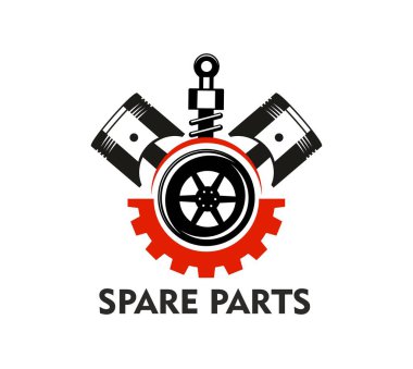Otomobil yedek parça ikonu motor pistonları ve dişli tekerlek veya dişli çark, vektör rozeti. Otomotiv mekanik istasyonu veya otomobil atölyesi ve ulaşım teknik servisi için yedek parça dükkânı simgesi