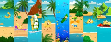 Yaz tatilinde tropik plaj vektör arka planında İtalyan makarna karakterlerinin kolajı. Komik makarna, ravioli, makarna ve bucatini dalış, yüzme ve kokteyllerle rahatlama