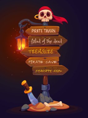 Korsan partisi tabelası, tahta korsair tabelası, kafatası bandana takan ve üstünde parlayan fener olan bir tabela. Korsan tavernasına, ölüler adasına, hazine, mağara veya rom adasına giden yolu gösteren işaretli oklar.