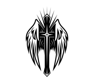 Hristiyanlık haçı dövmesi, melek kanatlarıyla ve merkezinde ışıldayan bir yıldızla. Siyah-beyaz Hıristiyanlık sembolü ve gotik kabile süsü. İnancın ve maneviyatın vektör dini işareti
