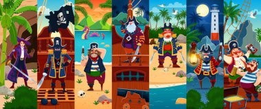 Çizgi film korsanı ve korsan karakter kolajı. Lostromo ve Skipper, korsan gemisi ve hazine adası vektör geçmişindeki denizci ve kaptanlar. Siyah şapkalı ve bandanalı şirin korsanlar.