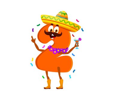 Doğum günü kutlaması, çizgi film matematik numarası ve iki basamaklı karakter. Sombrero 'daki turuncu 2 numaralı vektör kokteyl ile kutluyor ve etrafında uçan konfetiler uçuşuyor. Eğlenceli bir festival havası yayıyor.