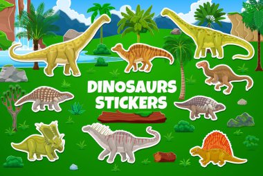 Karikatür tarih öncesi dinozor hayvan karakterleri orman ormanı doğa manzarası arka planına yapıştırılmış etiketler. Şirin edaphosaurus, amargasaurus ve saltasaurus dinozor karakterleri etiketleri.