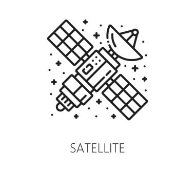 Uzay yapay uydusu ve galaksi uzayı ince çizgi ikonu. Astronomi keşfi doğrusal vektör ikonu, galaksi dışı uçuş çizgisi işareti. Kozmos hat sanatı sembolü ya da piktogram ile seyahat eder