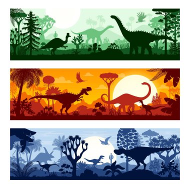 Tropikal ormanda dinozorların siluetleri. Dino hayvanlarının gölgelerinin bulunduğu tarih öncesi sancaklar yemyeşil bitki örtüsü, dağlar ve güneş arasında geziniyor. Mezozoik ya da Jurasik dönem geçmişi